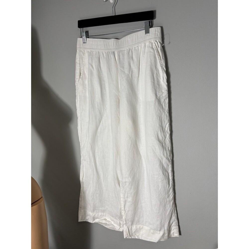 Tahari White Linen Wide Leg Pants Elastic Waist Pockets Minimalist Sz L